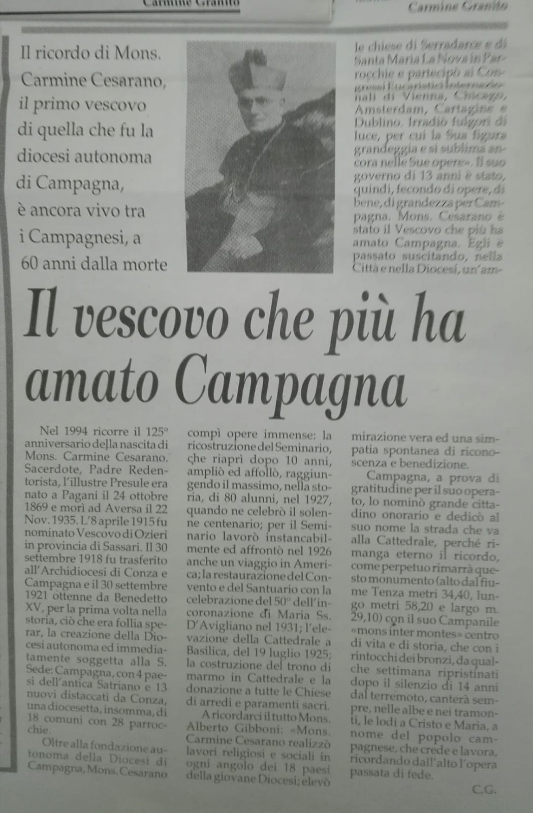 Articolo - Mons. Carmine Cesarano